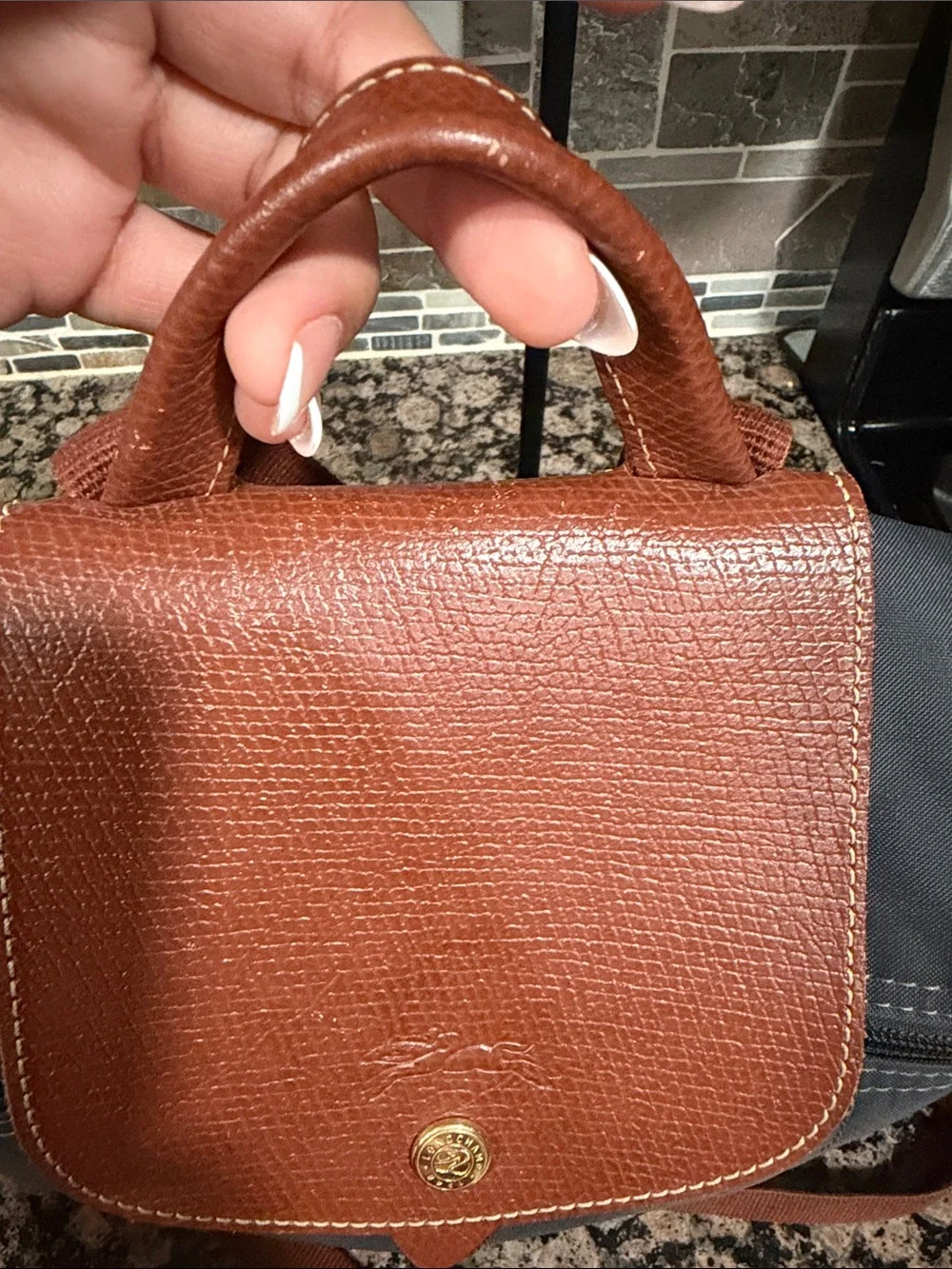 Long champ grey book bag with Brown Leather Trim